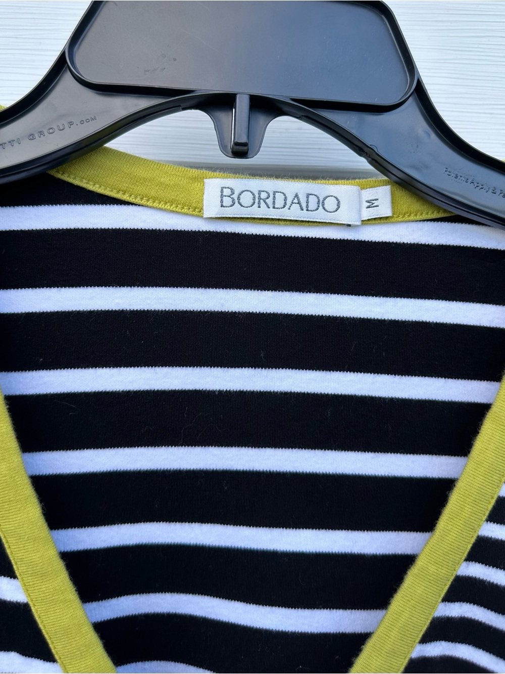 Women's Black & White Stripe Top with Olive Trim - Picture 3 of 5